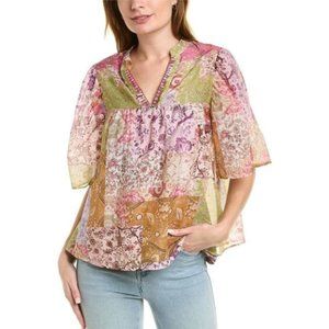 Johnny Was Bertha Silk Blend Boho Short Sleeve Paisley Top Pink Size XL NWT